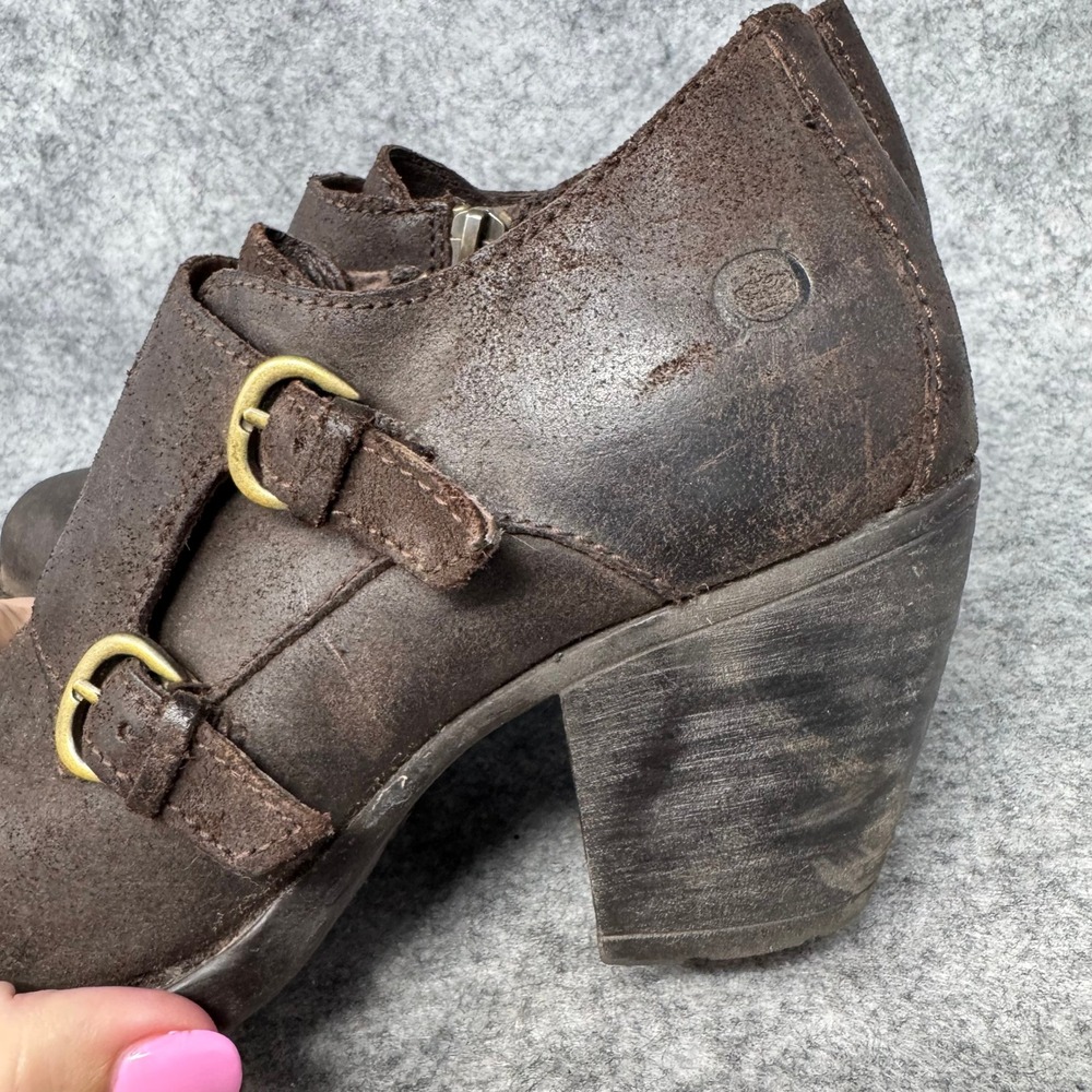 Born Leather Heeled Ankle Boots Womens Size 7.5M Monk Buckle Brown Block Pilgrim - Picture 9 of 12